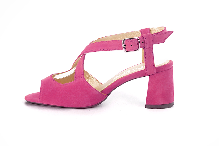 Fuschia pink women's open back sandals, with crossed straps. Round toe. Medium flare heels. Profile view - Florence KOOIJMAN